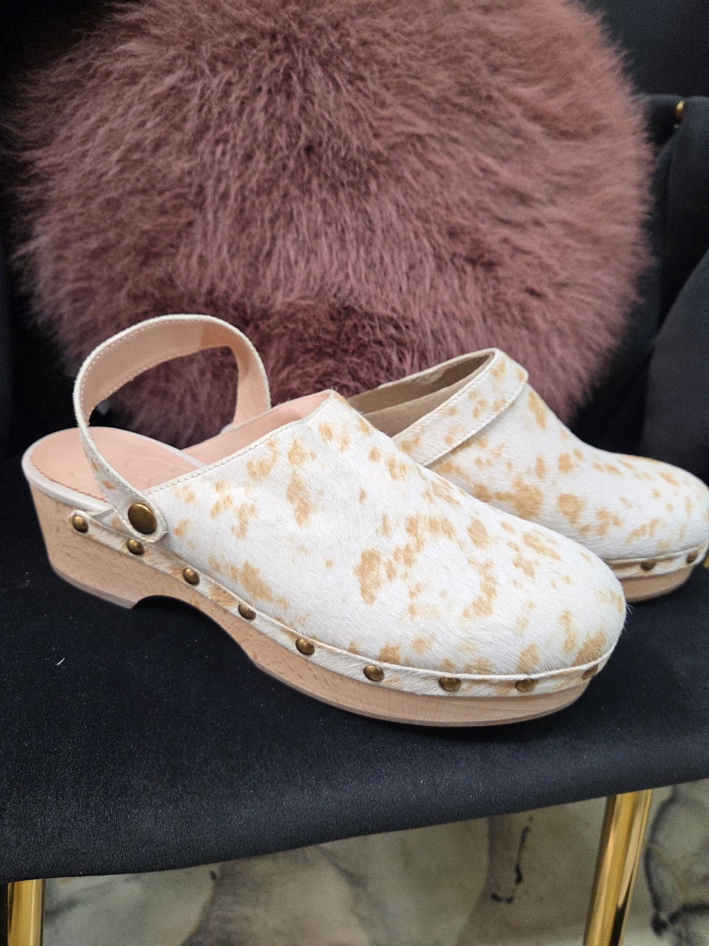J. Crew Cream and Tan Cowhide Studded Wooden Clogs.